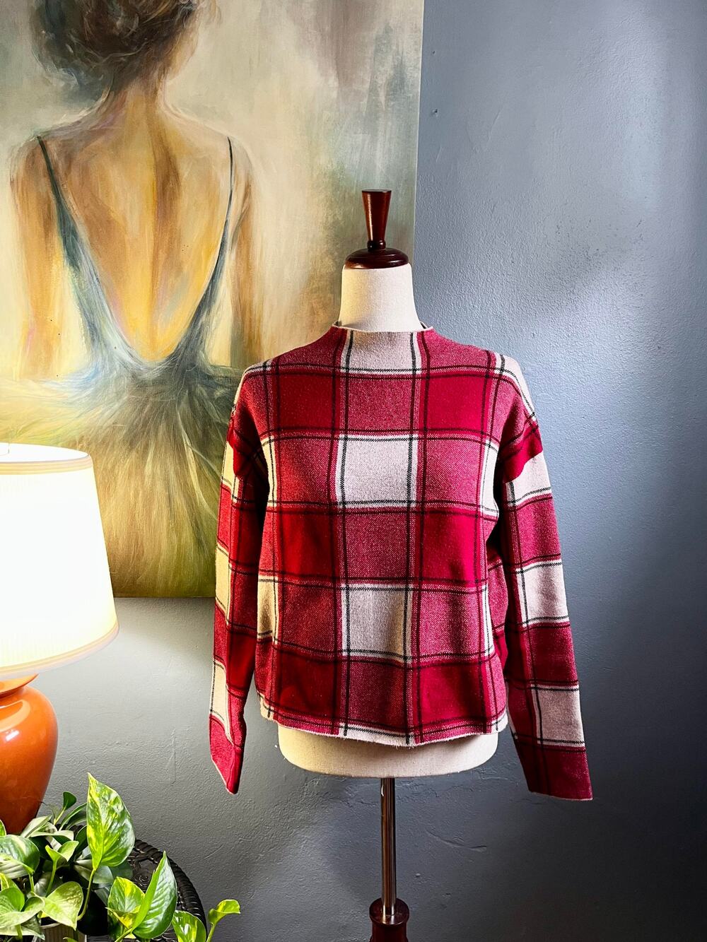 NWOT Tahari Red, funnel neck, Plaid Sweater, Size L